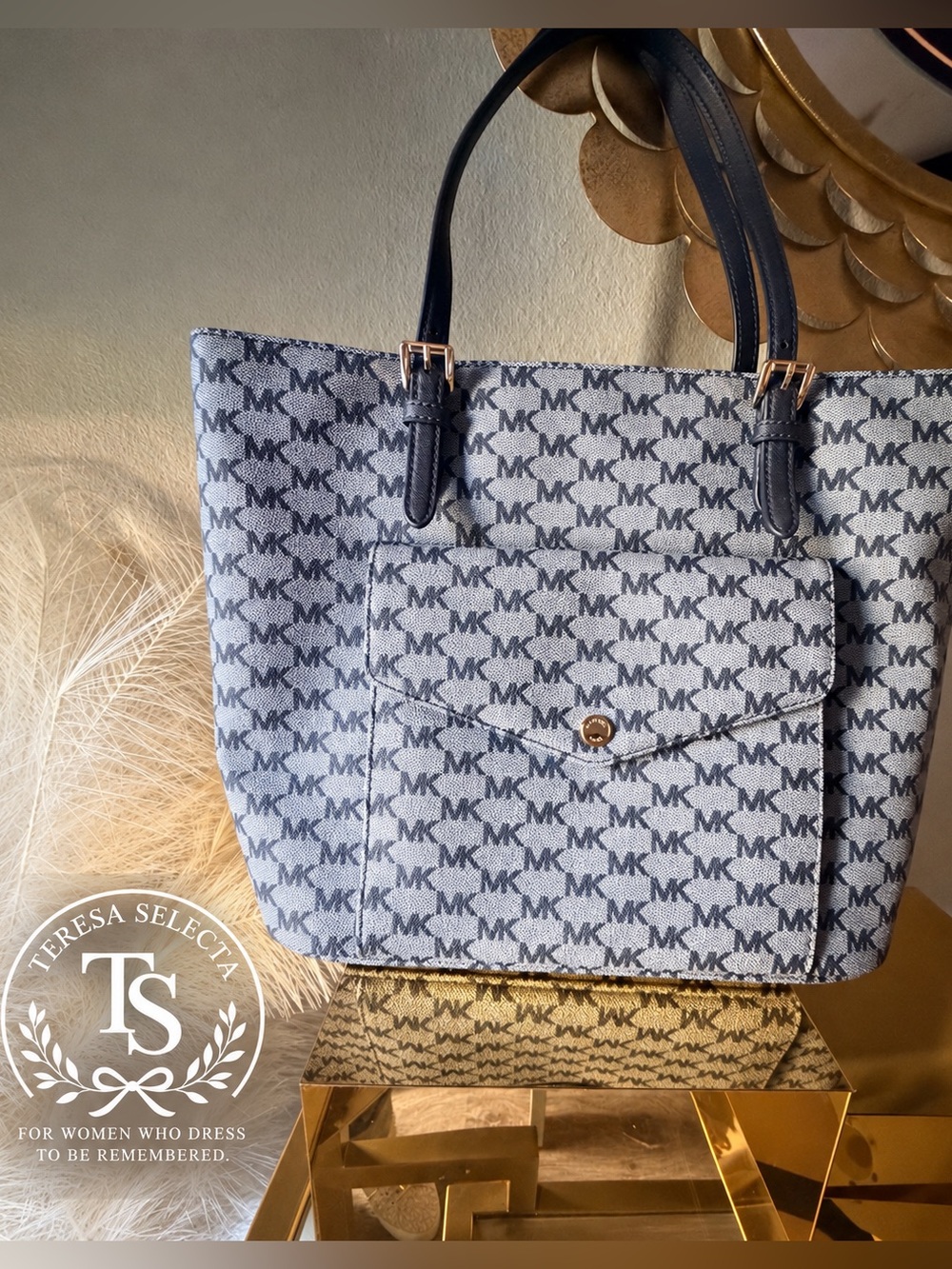 Michael Kors Jet Set Blue MK Monogram Jacquard Flap Pocket Tote Bag